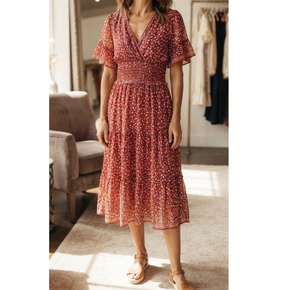 Max Studio Midi Dress Womens Red Floral Smocked Tiered Mesh Large